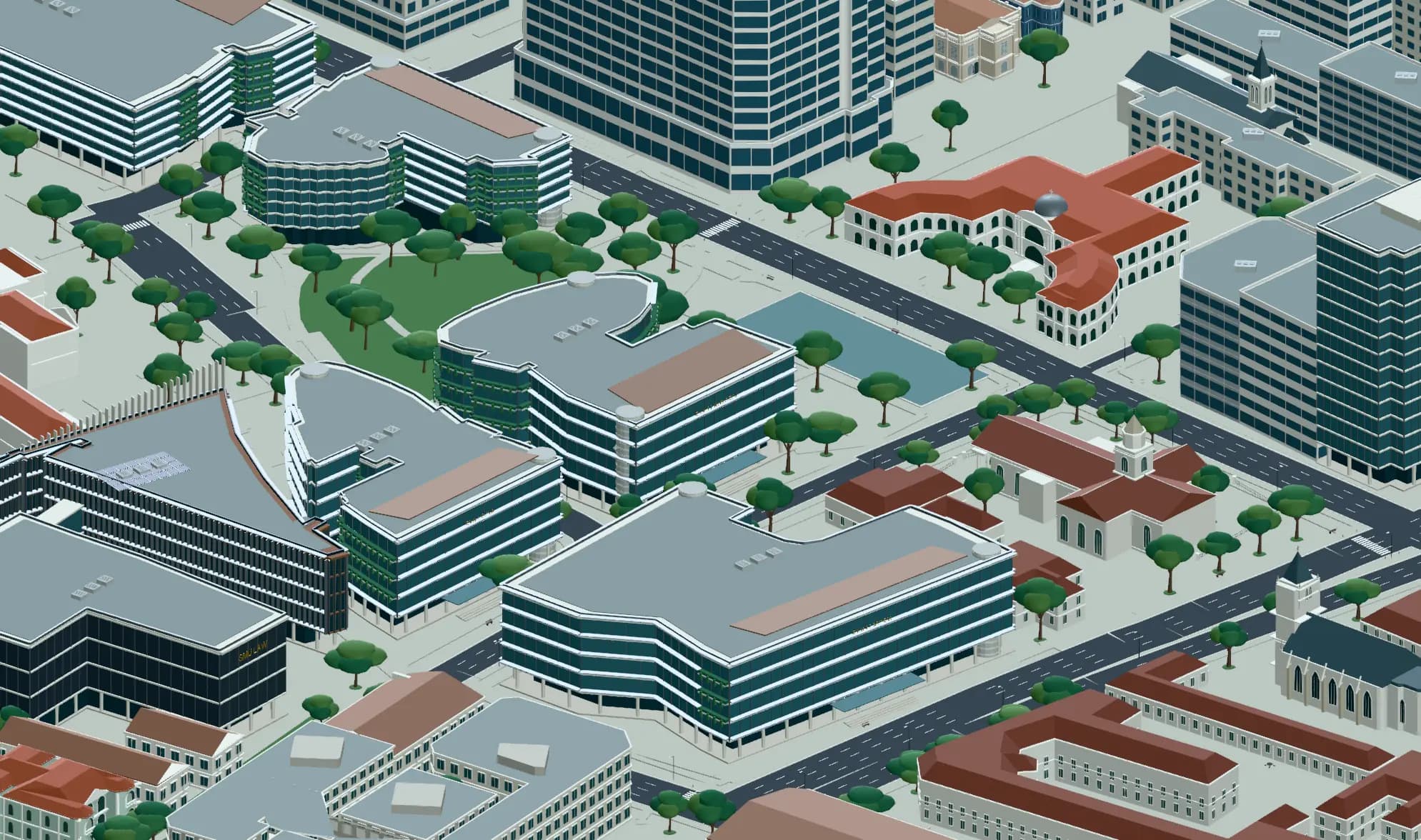Detailed isometric city scene with curved university buildings, trees, streets, towers and heritage architecture.