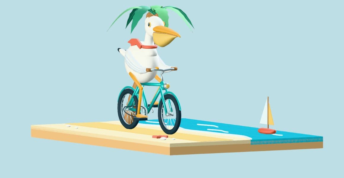 A pelican riding a turquoise bicycle beside a palm tree, beach and miniature sailboat. An actual Show3D community scene.