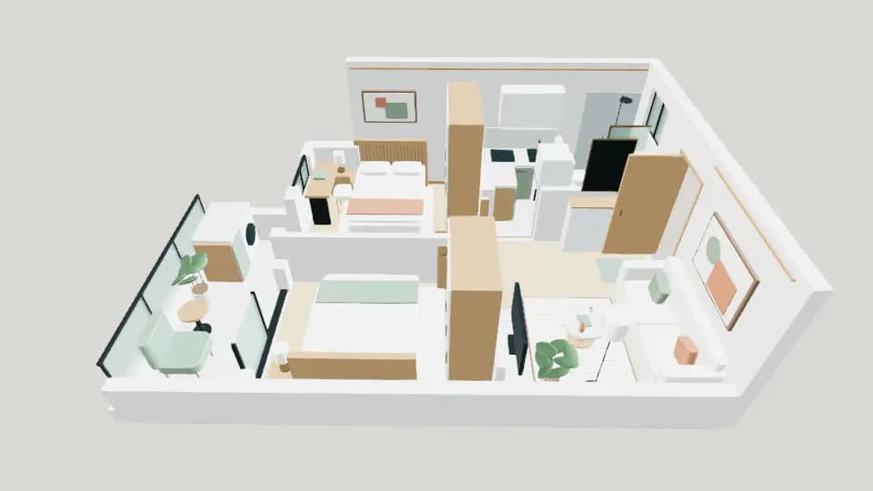 Complete cutaway of a furnished two-bedroom apartment, with beds, a living room, bathroom, balcony, furniture and plants visible together.